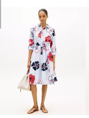 Tommy Hilfiger Light Blue Shirtdress with Red & Navy Floral Print NWT Large